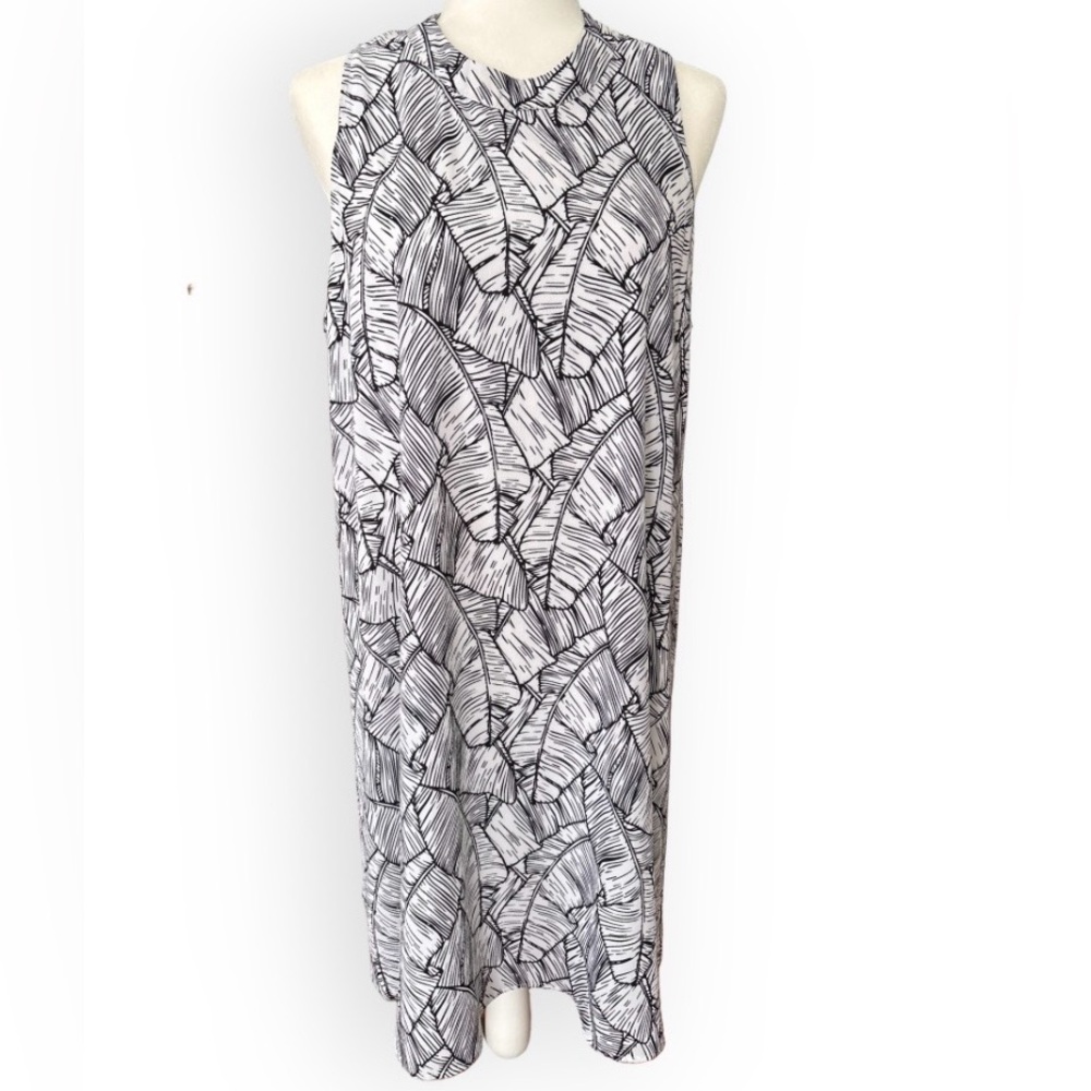 Mud Pie Sawyer Swing Dress Black and White Leaves Size L Modern Tropical Boho